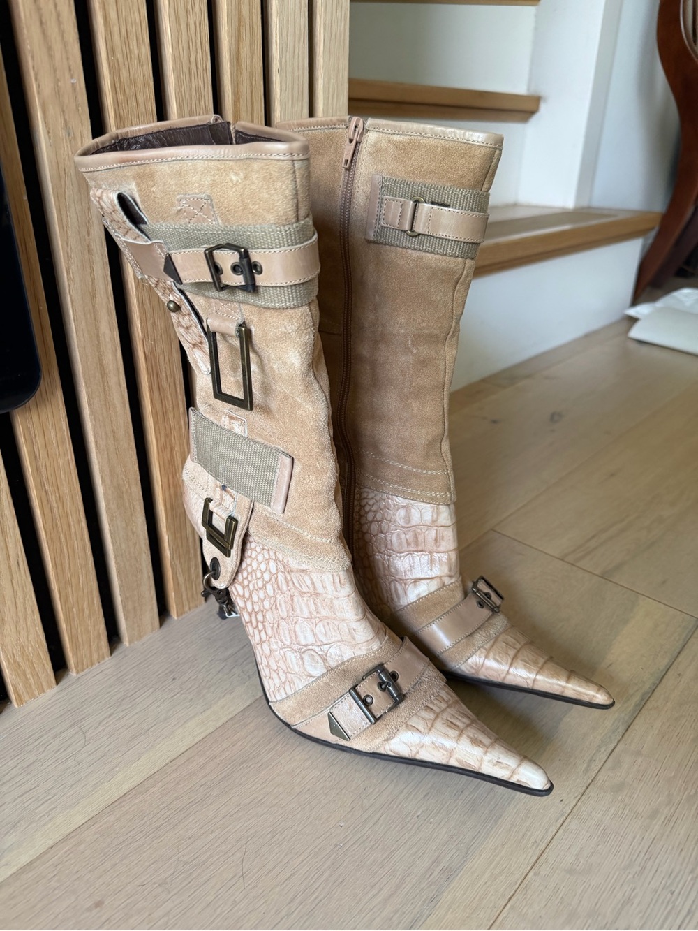 Aldo City-Cowboy Pointed-Toe Mid-Calf Suede/Croc heel boots with Buckle Accents